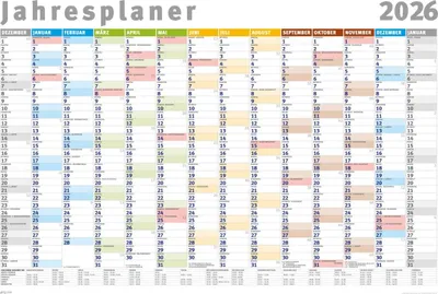 A wall calendar for the year 2026, showing all months and days in a grid format.