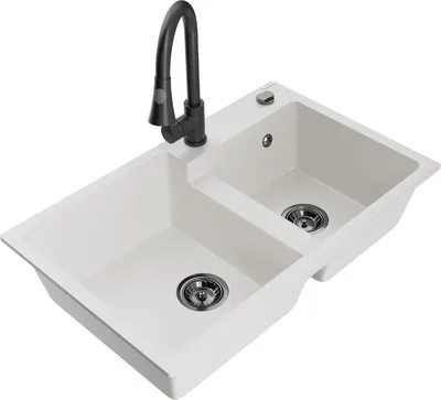 Produktbild von Mexen Tomas 2-Becken-Granitspüle mit Mischbatterie Elia, Weiß - 6516-20-670101-70
