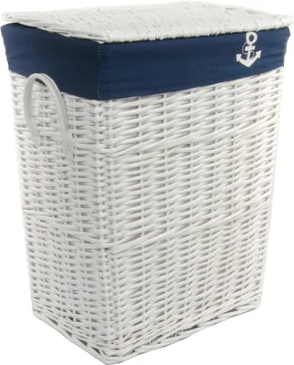 Produktbild von Wäschekorb Wäschetruhe Wäschetonnen Weide weiß rechteckig Bezug marineblau Deckel BxTxH 32x24x48cm
