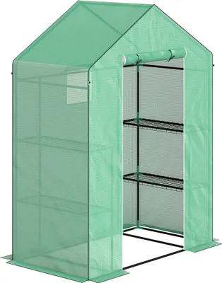 Obrázok produktu pre Skleník s roletovými dverami, oknami a policami, mrazuvzdorný fóliový skleník z ocele, skleník na paradajky 143 x 74 x 190 cm, skleník na paradajky a zeleninu