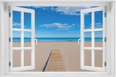 Produktbild von Wallario Wandbild mit Fenster-Illusion: Auf dem Holzweg zum blauen Meer, Größe: 61 x 91,5 cm, Poster mit weißem Aluminiumrahmen
