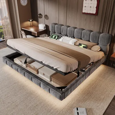 Zdjęcie produktu dla Łóżko tapicerowane z elastyczną tapicerką, 160x200 cm, z portami USB i typu C, łóżko z hydraulicznym pojemnikiem, obite ekoskórą, podwójne łóżko młodzieżowe z pojemnikiem, łóżko hydrauliczne obite tkaniną chenille, kolor szary
