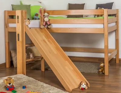 Produktbild von Kinderbett Hochbett Samuel Buche Vollholz massiv mit Rutsche natur inkl. Rollrost - 90 x 200 cm