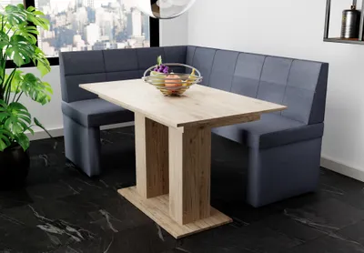Productafbeelding van Eckbankset 168x128 cm BLAKE R, bekleding: stof Soro, donkergrijs / Eettafel DANTE, afwerking: Sonoma