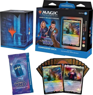 A collection of Magic: The Gathering Doctor Who Commander Deck products, including the main box, a deck box, and a booster pack, along with some displayed cards.