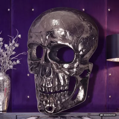 Produktbild von FineBuy Wanddeko Totenkopf Aluminium Silber 41 cm Schädel Groß Wanddekoration Metall Deko Alu Wohndeko Skull Wandskulptur Dekoration Wohnaccessoire, KI-generiertes Bild