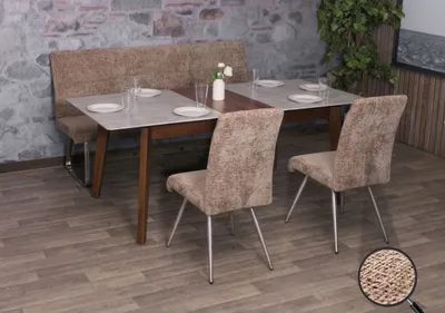 Obrázek produktu pro Jídelní set HWC-G55, sada 2 židlí + lavice 180 cm, broušená nerezová ocel, látka/textilní šenil  hnědý