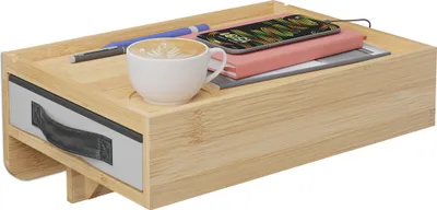 Produktbild von Relaxdays Nachttisch klemmbar, Bambus, HxBxT: 14x37x26,5 cm, Schublade, Getränkehalter, Bettablage zum Einhängen, natur
