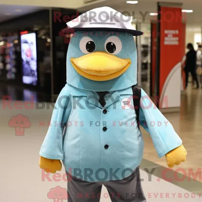 Produktbild von Cyan REDBROKOLY Pinguin Maskottchen Kostüm Figur bekleidet mit einem Button-Up Shirt und Hutnadeln