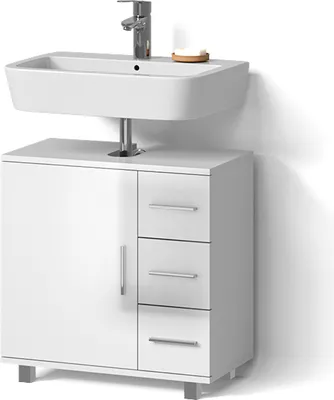 A white bathroom vanity with a sink and faucet.