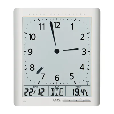 Produktbild von AMS Funk-Wanduhr, Funkwerk mit analoger Zeitanzeige und digitaler Anzeige von Zeit Datum Wochentag Temperatur, 21x24x3cm, 5898