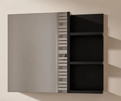 Produktbild von Schwarz Badezimmerschrank mit Spiegel und Ablagen B:60 x H:50 cm Spiegelschrank 1 Tür Bad Hängeschrank Badezimmer Griffloser Öffnung Ablagen Rechts