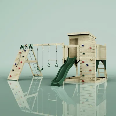 Produktbild von OutdoorToys Spielturm Frida aus Holz in Grün Dunkelgrün, mit Trapezstange