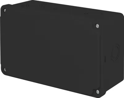 A black electrical junction box shown from a three-quarter angle against a white background.