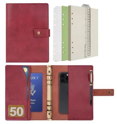 Produktbild von Nachfüllbares Notizbuch Ringbuch A5 Tagebuch Leder Weinrot Gepunktetes Papier Organizer