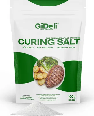 Produktbild von GiDeli Pökelsalz 100 g – Premium Pökelungssalz zur Konservierung von Fleisch geeignet für Wurstherstellung Pökeln und Marinieren im Doypack (1 x 100g)