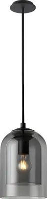 A black pendant light with a grey glass shade.