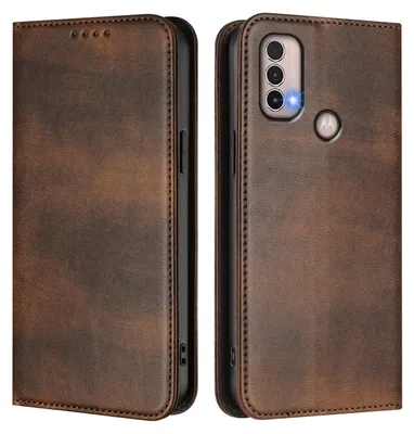 A brown leather flip case for a smartphone is shown from two angles.