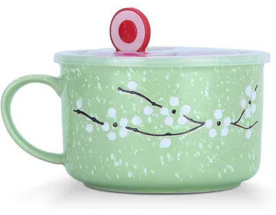 Immagine prodotto di Ciotola grande per cereali da 800 ml, con coperchio e manico, in Vetroceramica, con motivo di fiori di ciliegio, colore verde