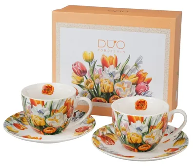 Immagine prodotto di DUO | Tazza da caffè - Tazza da tè - Set da 2 - Tazze e piattini - 270 ml - in porcellana - Tulipani
