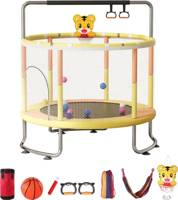 Produktbild von 5FT Kindertrampolin, verstellbares Baby-Kleinkind-Trampolin mit Basketballkorb, Schaukel, Sandsack, Ozeanbällen, 440lbs Indoor-Outdoor-Kleinkind-Trampolin mit Sicherheitsnetz