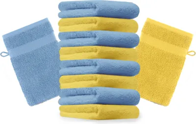 Produktbild von Betz 10 Stück Waschhandschuhe 16x21 cm PREMIUM 100% Baumwolle Farbe: gelb und hellblau