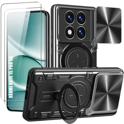 Image de Coque Antichoc pour Xiaomi Redmi Note 15 Pro 5G, avec Anneau et Cache Caméra - Noir - 2 Vitres
