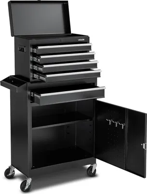 Immagine prodotto di Cassettiera portautensili con ruote, design 2 in 1, 5 cassetti Organizer per armadio portautensili con cassetta portautensili in metallo superiore rimovibile, barra di bloccaggio, rivestimento protettivo e rastrelliera per utensili, armadio da garage per magazzino, officina