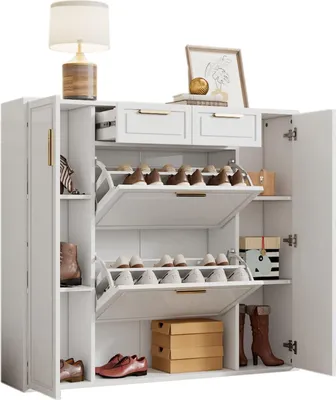 Produktbild von Moderne Schuhschrank, mit verstellbaren Regalen, goldenen Griffen, 2 Schubladen, Klappschuhschrank und 2 Türen, weiß, B120/D24/H107CM