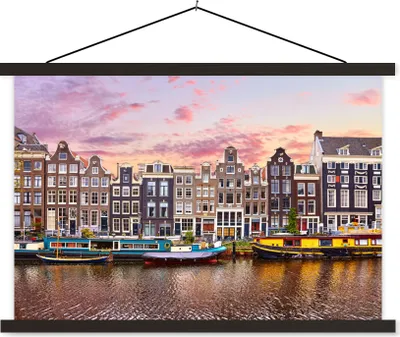 Produktbild von MuchoWow® Textilposter Amsterdam - Häuser - Grachten 150x100 cm mit schwarzem Rahmen - Schlafzimmer