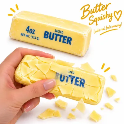 Produktbild von Butter Squishy mit Wachsschicht – Stressspielzeug zum Drücken, Kneten & Zerbröseln, KI-generiertes Bild