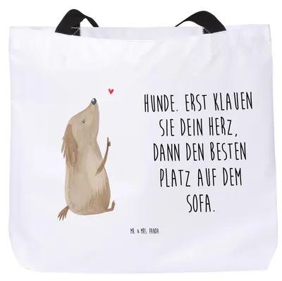 Produktbild von Mr. & Mrs. Panda Tote Bag Hund Liebe - Weiß - Geschenk, Beutel, Herz, Sprüche, Hunde, Tragetasche, Strandtasche, Tasche, Laptoptasche