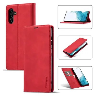 A collage of images showing a red phone case from different angles and in use.