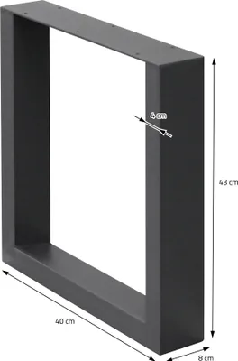 A black metal table leg with dimensions indicated by measurement lines and text.