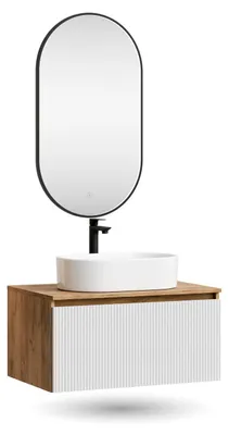 Produktbild von ARISA Badmöbel Set in Weiß Geriffelt – Mit "Glora" LED Spiegel und weißem Keramik-Aufsatzwaschbecken 55 cm