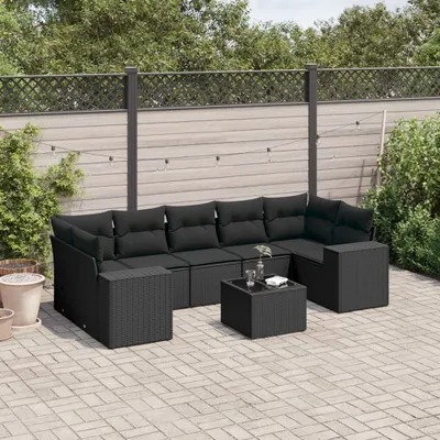 Produktbild von Design 8-tlg. Garten-Sofagarnitur mit Kissen Schwarz Poly Rattan, Gartensofas 2024 Neu