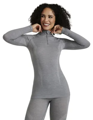 Image de T-shirt de sous-vêtement pour femmes FALKE, modèle Wool-Tech, col montant zippé, manches longues, laine technique