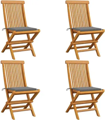 Produktbild von Gartenstühle mit Grauen Kissen 4 Stk. Teak Massivholz