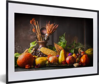 Produktbild von MuchoWow® Gerahmtes Poster Gemüse - Obst - Rustikal - Tisch 60x40 cm - Poster mit Schwarzem Bilderrahmen Wandposter Rahmen Foto Bilder - Schlafzimmer - Plakat in Rahmen - Drucken