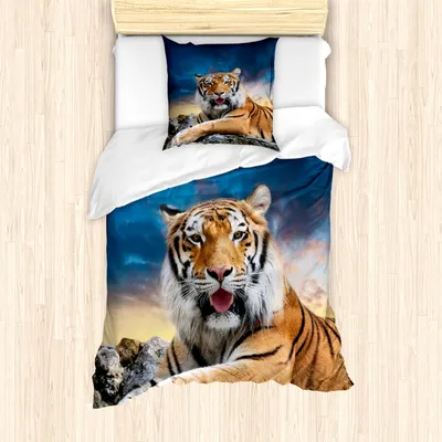 Produktbild von ABAKUHAUS Tiger Mantele, Beruhigen Wildtier Sonnenuntergang, Milbensicher Allergiker geeignet mit Kissenbezügen, 135 cm x 200 cm - 80 x 80 cm, Mehrfarbig
