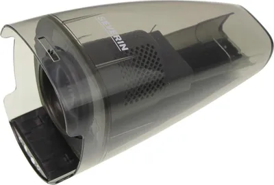 A close-up view of a gray and black dust container and filter for a handheld vacuum cleaner, set against a white background.
