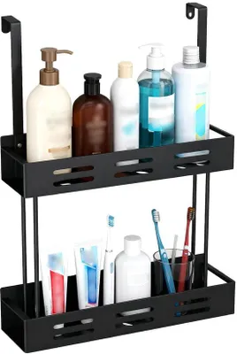 Immagine prodotto di Uniqoos® Portaoggetti da doccia nero, a due ripiani, in acciaio inossidabile (304) – senza foratura, con ventose, adatto per vetri fino a 5 cm, con capacità di carico fino a 20 kg, ideale per bagno, cucina e camper