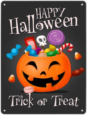 Produktbild von Happy Halloween Trick or Treat Metallschild XL in 21x28 cm in schwarz mit süßem
