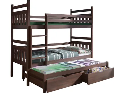 Produktbild von KEF Lena Etagenbett Kinder Etagenbett 3 Personen Holz Kinderbett mit Schubladen mit Matratze 90x180 cm Dunkelbraun