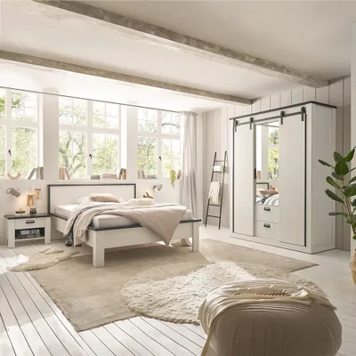 Produktbild von Schlafzimmer Set 3-teilig Bett 140x200cm SHELTON-61 in Pinie weiß mit anthrazit