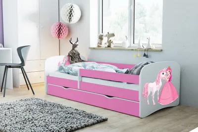 Produktbild von Kinderbett Jugendbett 80x180 cm Rosa mit Matratze Rausfallschutz Schublade und Lattenrost Kinderbetten für Mädchen und Junge - Prinzessin und Pferd