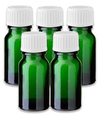 Produktbild von 5x Grüne Glasflasche 10 ml mit weißem PP-Schraubverschluss Leer 18/415