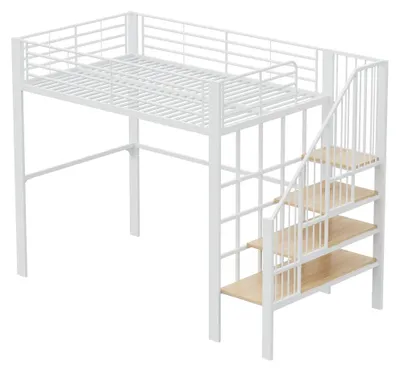 Obrázok produktu pre Postel s hornou časťou – Stabilná konštrukcia z kovu a dreva – Úložný priestor pod posteľou – S rebríkom – Rozmer 140 x 200 cm – Biela farba