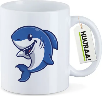 Produktbild von Huuraa Kaffeetasse Hai Comic 330ml Weiß Keramik Kaffeebecher Geschenkidee