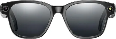 A pair of black smart glasses with cameras on the sides.